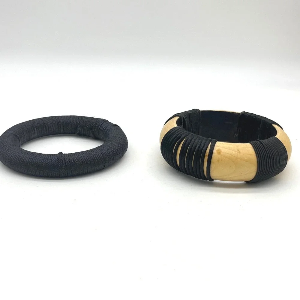 Handmade Wood and Black Cord Wrapped Bangle Bracelet Set Chunky Boho 2pc